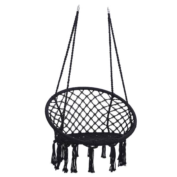 Zeus & Ruta 2 ft. Black Macrame Swing Hanging Cotton Rope Hammock Swing Chair for Indoor and Outdoor Garden Patio Backyard Balcony