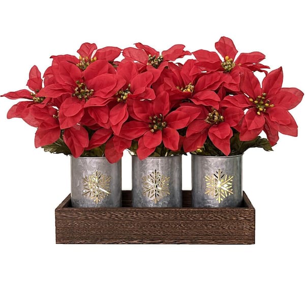 12 in. Poinsettias Artificial Christmas Flowers with LED Lights Red Xmas Table Centerpiece in Pots and Wood Box