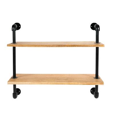 Terville (8.5 in x 24 in x 21 in) - Black - Iron & Wood - Floating - Decorative Pipe 2 Tier Wall Shelf