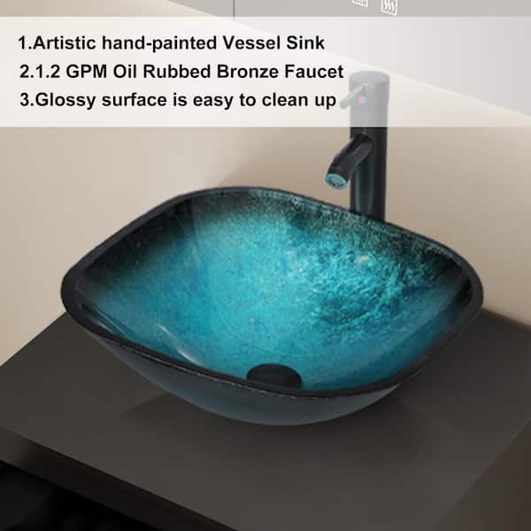 Cameo Tempered Glass Square Vessel Sink in Turquoise with Faucet Pop Up Drain Set