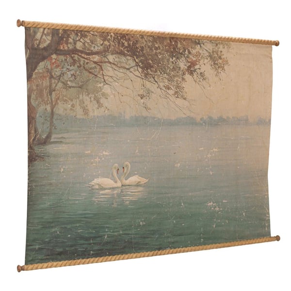 Frameless Carved Wood and Canvas Scroll Wall Decor with Swans 37 in. x 1 in.