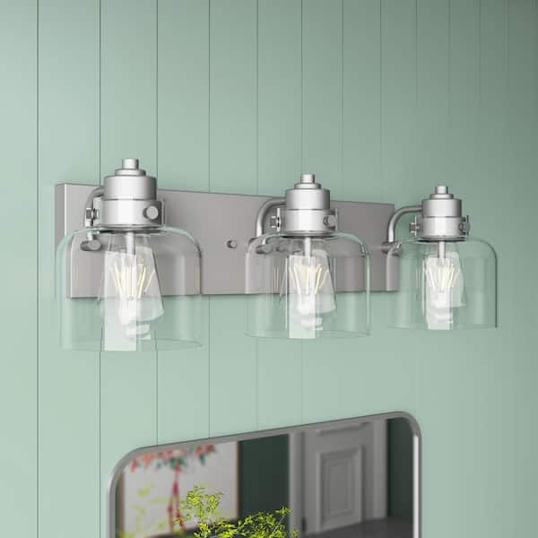 LANSEKI Smithton 23.2 in. Classic 3-Light Brushed Nickel Dimmable Vanity Light with Clear Glass Shade