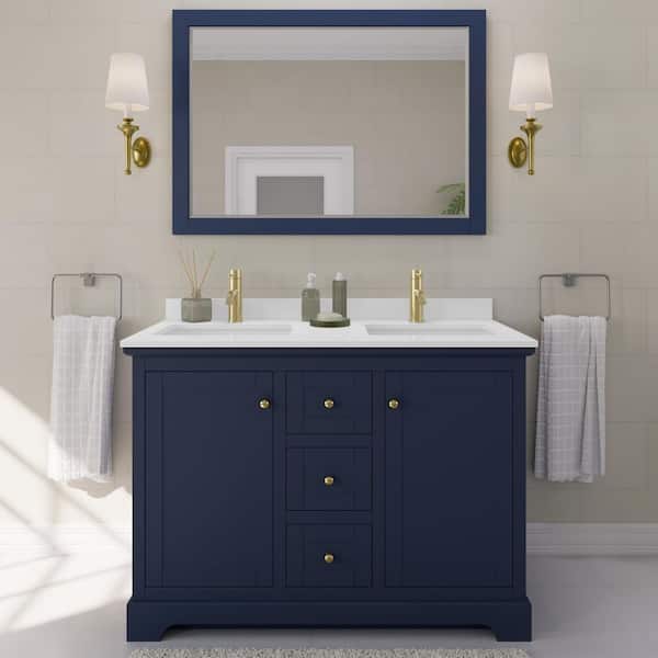 Wyndham Collection Avery 48 in. W x 22 in. D Double Vanity in Dark Blue with Cultured Marble Vanity Top in White with White Basins