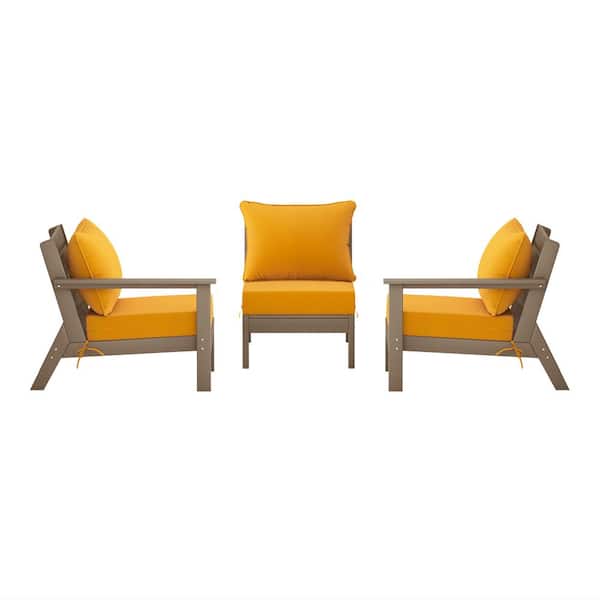 Birchwood Weathered Wood Arrangeable Outdoor Patio 3-Piece Deep Seating HDPE Sofa Arm Chair Set w/ Yellow Cushions