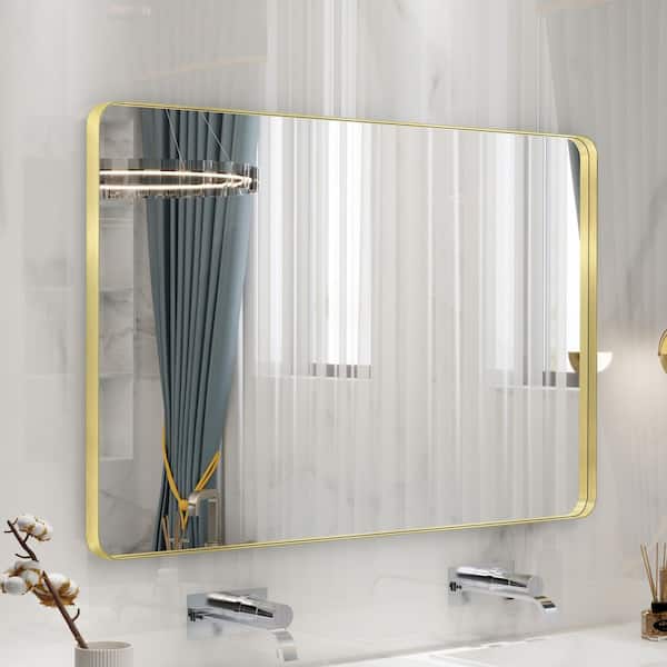 48 in. W x 32 in. H Premium Aluminum Framed Rectangular Bathroom Vanity Wall Mirror in Gold