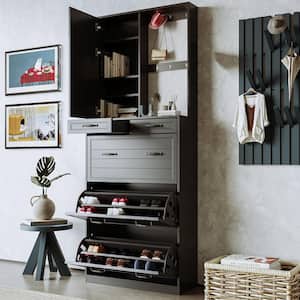 80.7 in. H x 31.5 in. W Black Wood Shoe Storage Cabinet with Mirror, 3-Flip Drawers and 6-Hanging Hooks