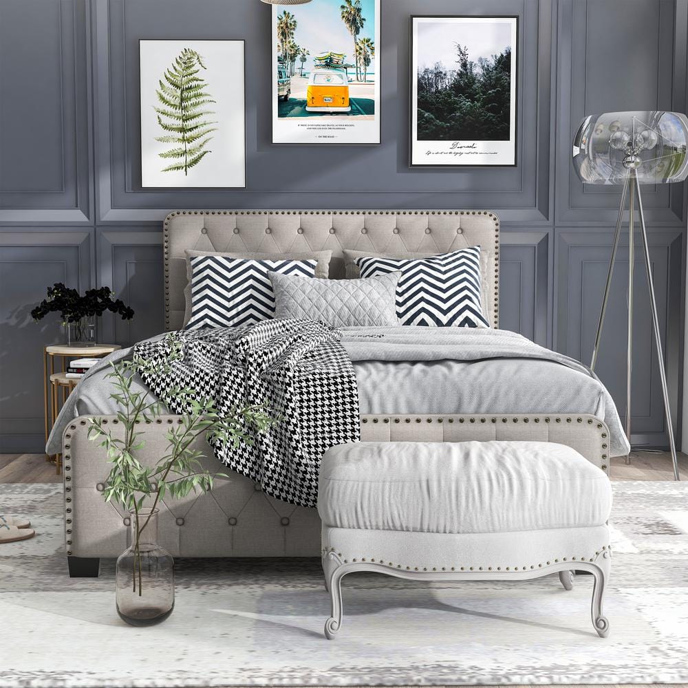 Beige King Upholstered Wood Bed with Tufted Headboard and Nailhead Trim