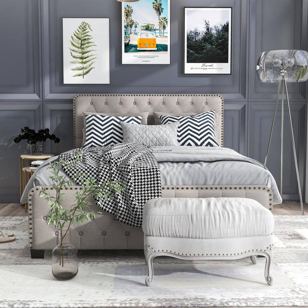 Beige Full Upholstered Wood Bed with Tufted Headboard