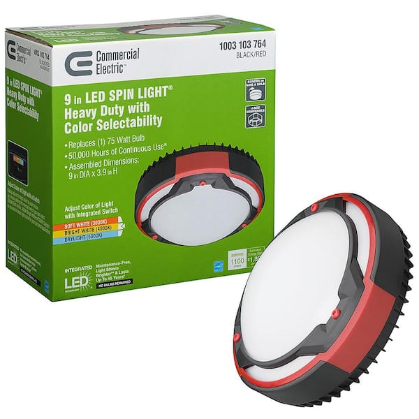 Commercial Electric Spin Light 9 in. Heavy Duty Black Red Selectable LED Flush Mount Ceiling Light 1100 Lumens 3000K 4000K 5000K