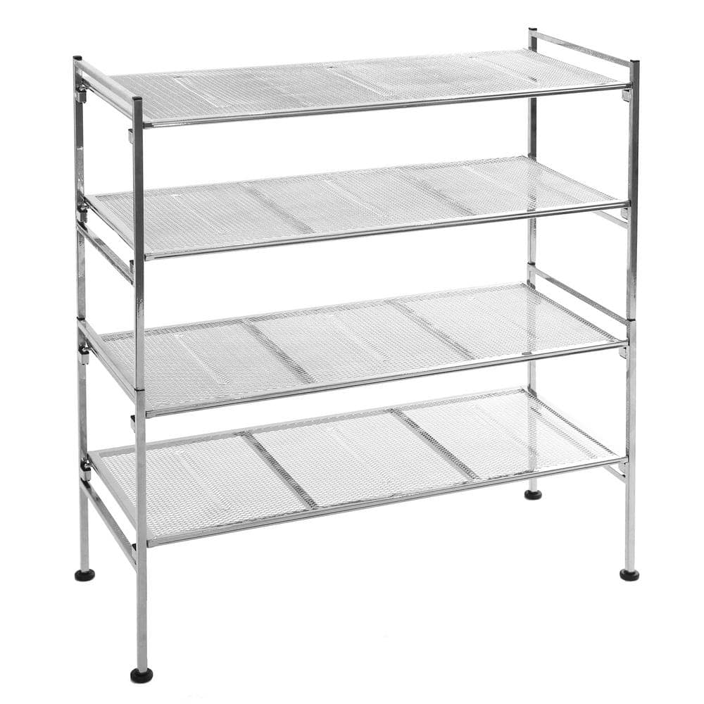 Silver 4-Tier Stackable Metal Mesh Shoe Rack