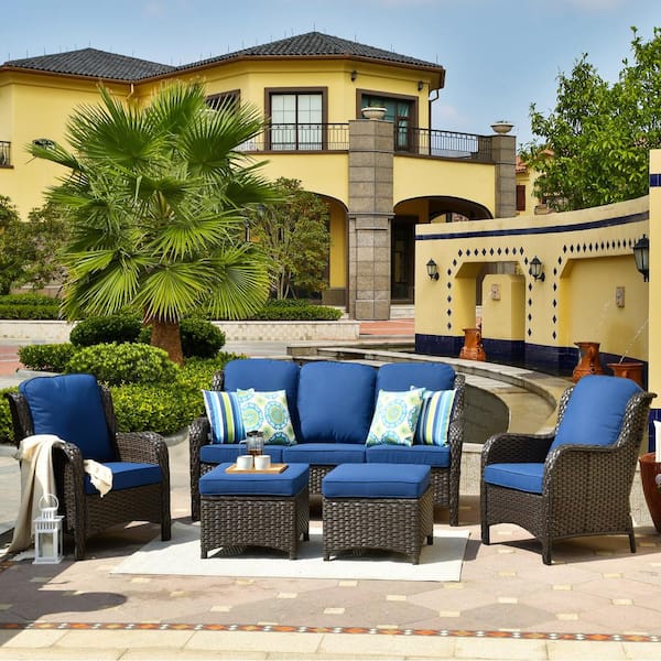 OVIOS New Kenard Brown 5-Piece Wicker Outdoor Patio Conversation Seating Set with Navy Blue Cushions