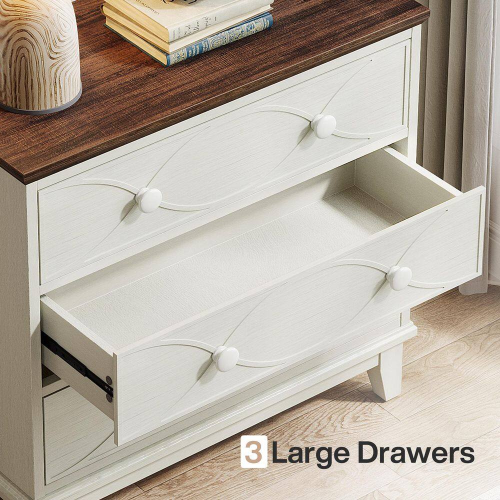 Distressed White and Brown 3-Drawer Farmhouse Nightstand