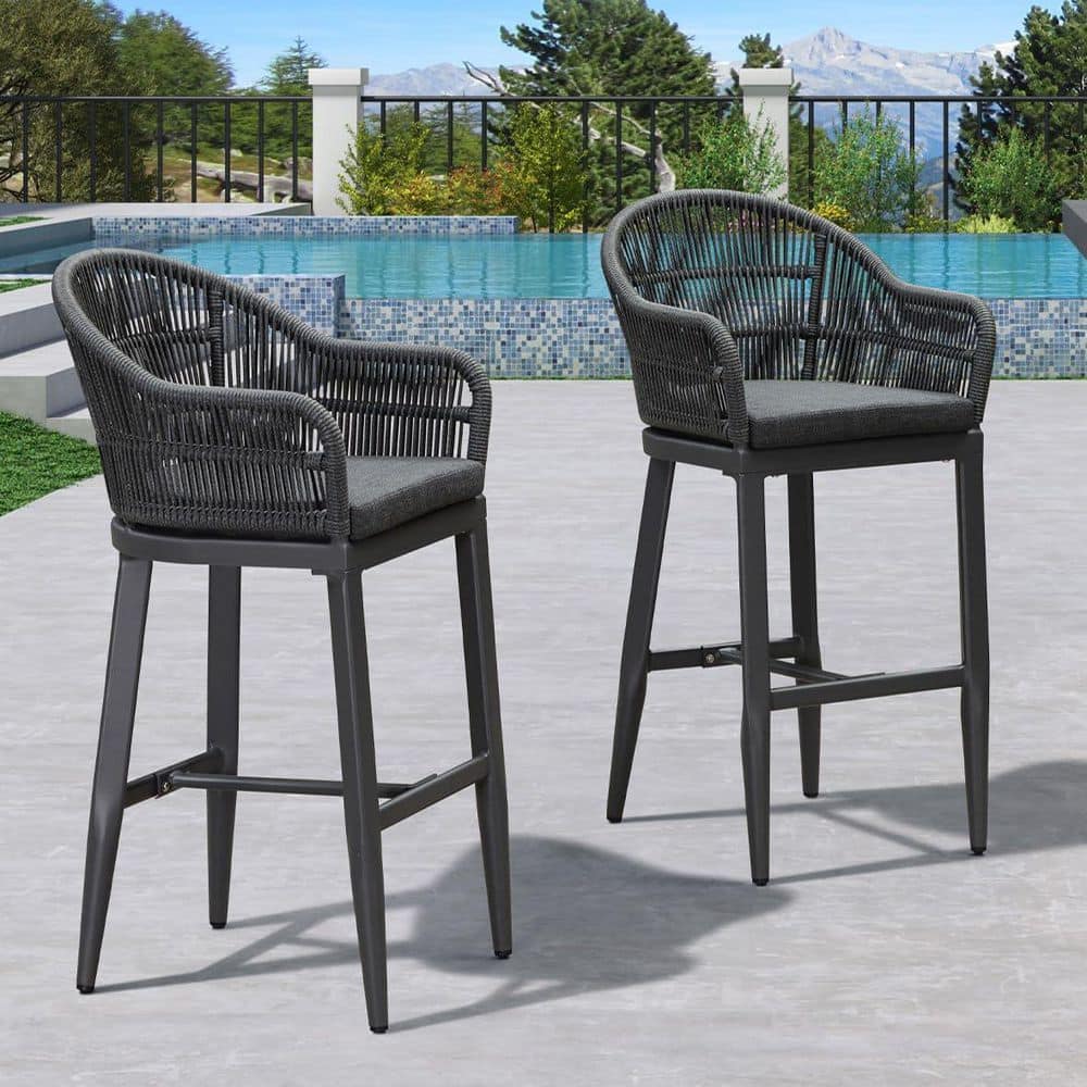 Modern Aluminum Rattan Bar Height Outdoor Bar Stool with Back and Grey Cushion (2-Pack) price history on PriceWatchPro