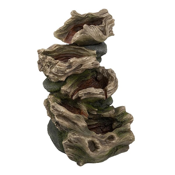 Siavonce 18.9 in. x 16.1 in. x 30.3 in. Decorative 5-Tier Wood Rock Inspired Water Fountain with Lights and Pump, Brown