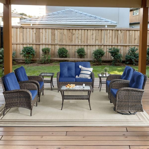Opohoro Brown 8-Piece Wicker Patio Conversation Set with Swivel Rockers, Outdoor Loveseat Seating Set with Navy Blue Cushions