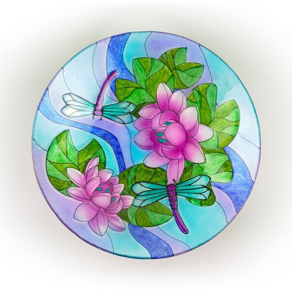 Alpine Corporation 18 in. Glass Birdbath Topper with Purple Dragonfly Painted Finish