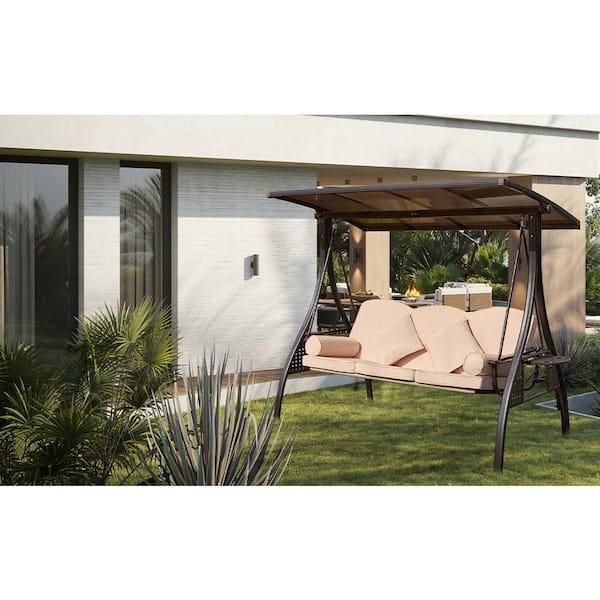 Zeus & Ruta 3-Seat Black Steel Patio Freestanding Porch Swing Bench Chair With Beige Cushion and PVC Hardtop Canopy