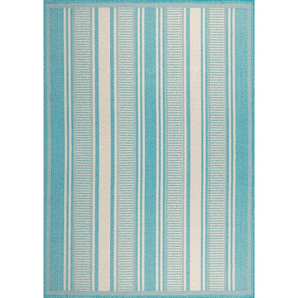 Haynes Modern Aqua/Beige 8 ft. x 10 ft. Double Stripe Indoor/Outdoor Area Rug