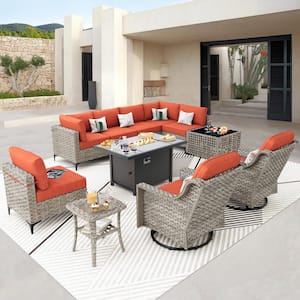 Supery Gray 11-Piece Wicker Rectangle Fire Pit Patio Conversation Set with Orange Red Cushions and Swivel Chairs