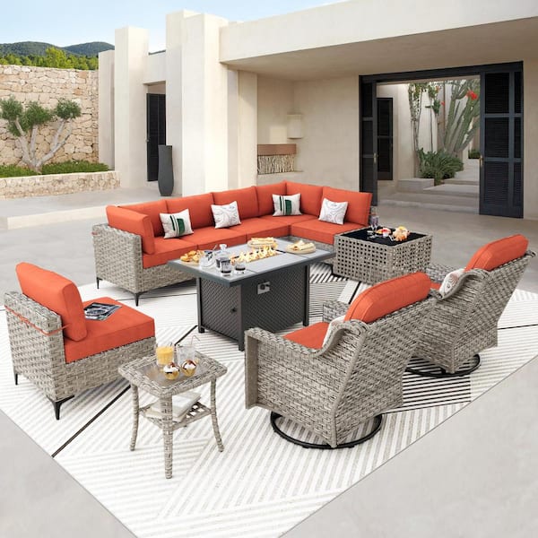 OVIOS Supery Gray 11-Piece Wicker Rectangle Fire Pit Patio Conversation Set with Orange Red Cushions and Swivel Chairs