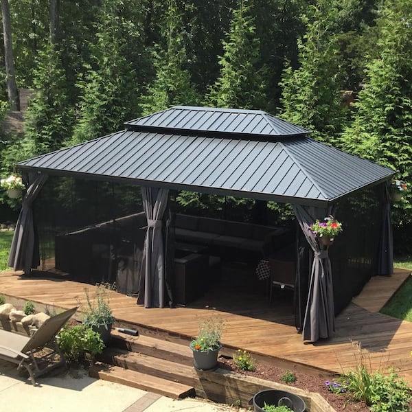 12 ft. x 28 ft. Gray Aluminum Power-Coated Frame Galvanized Steel Double Roof Hardtop Gazebo,Hooks, Netting,Gray Curtain