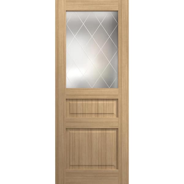 32 in. x 84 in. Frosted Glass Natural Oak Solid Wood Interior Door Slab With Hardware