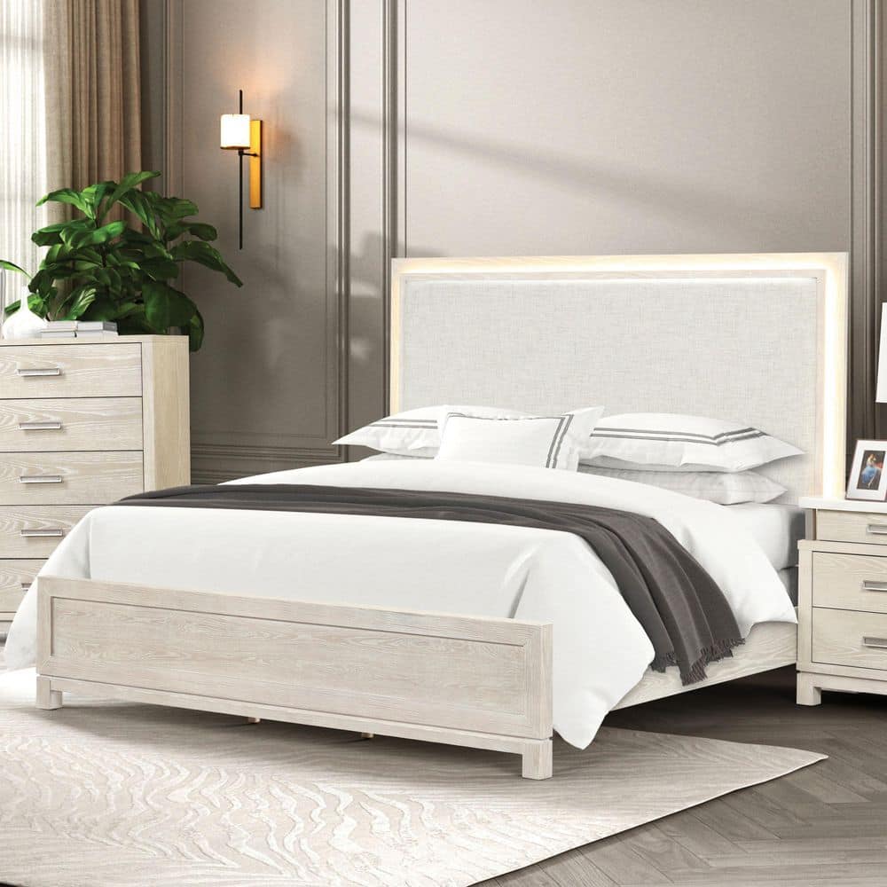 Patty Weathered Gray Wood Frame Queen Panel Bed with LED on Padded Headboard price history on PriceWatchPro