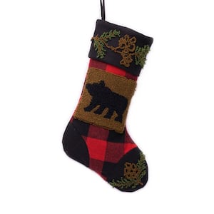 19 in. H Acrylic Plaid Christmas Stocking with Rug Hooked Bear