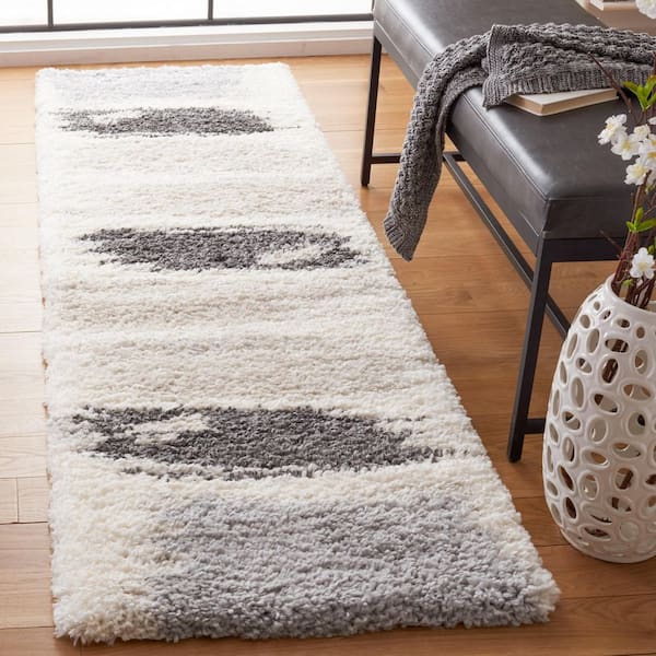 Fontana Shag 2 ft. x 10 ft. Gray/Ivory Abstract Monochrome Runner Rug