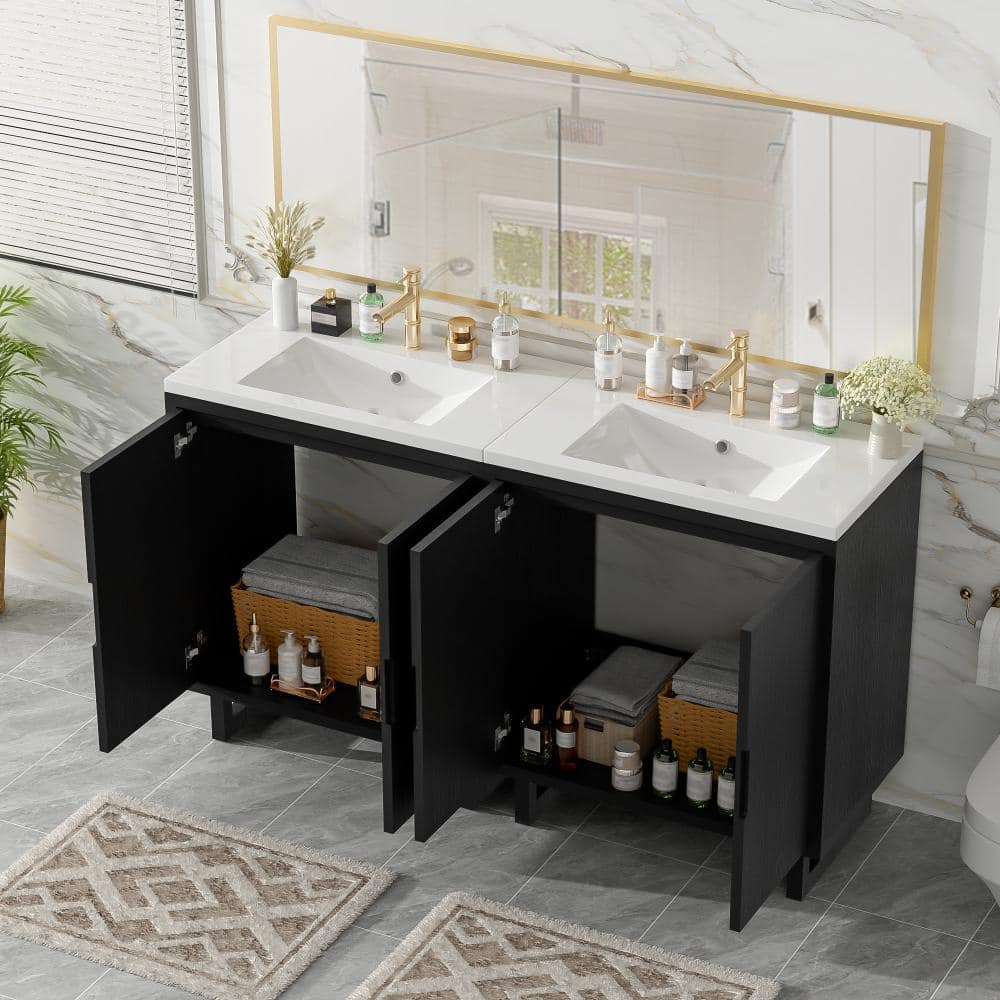 60.2 in. W x 18.1 in. D x 35.1 in. H Freestanding Bath Vanity in Black with White Resin Top price history on PriceWatchPro