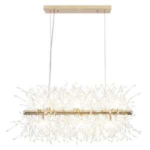 9-Light Gold French Long Bar Dandelion-Shaped Crystal Bead Chandelier for Kitchen Island with No Bulbs Included