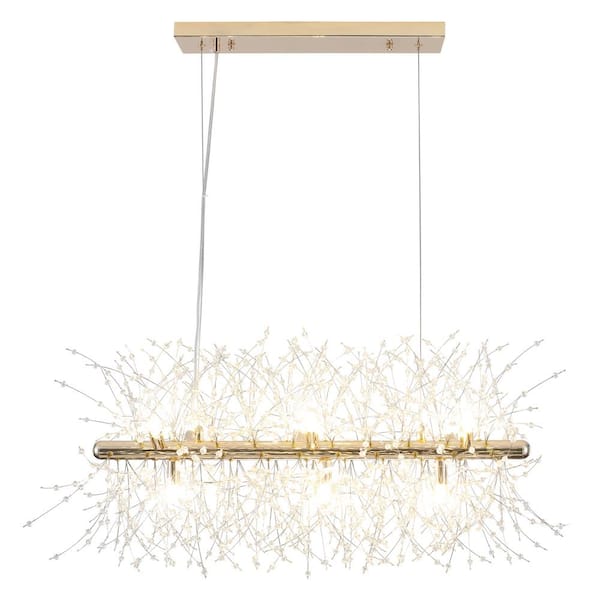 LWYTJO 9-Light Gold French Long Bar Dandelion-Shaped Crystal Bead Chandelier for Kitchen Island with No Bulbs Included