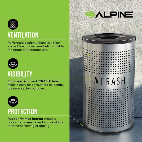 26 gal. Perforated Stainless Steel Commercial Trash Can with Black Lid and Liner