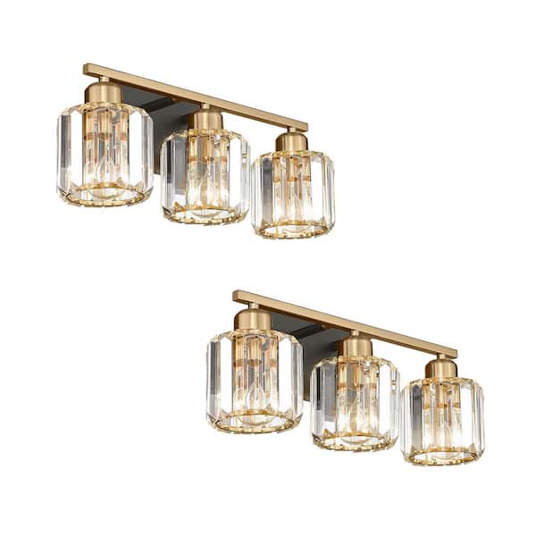 JAZAVA 16.5 in. Modern 3-Light Gold and Black Vanity Lights with Crystal Shade (2-Pack)
