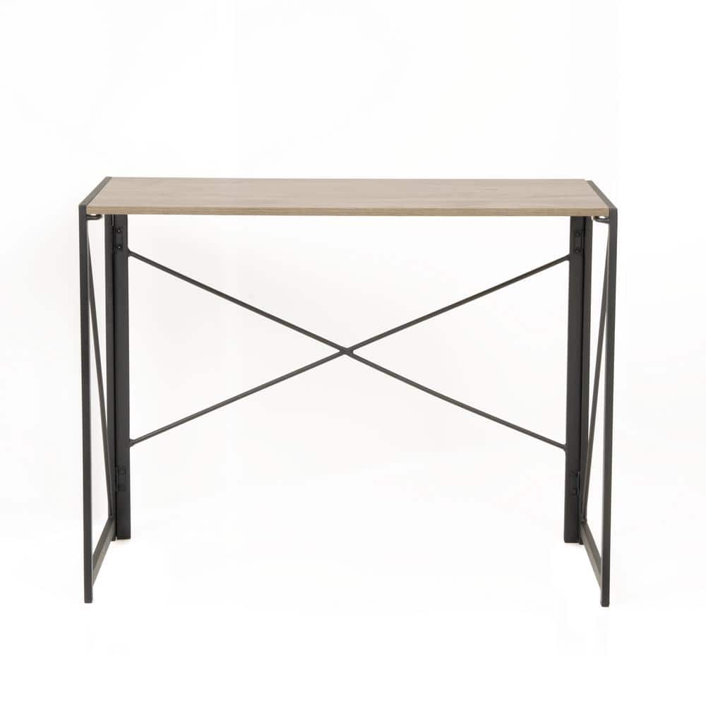 Sewn Oak Laminate No-Tool Writing Desk with Black Metal Legs