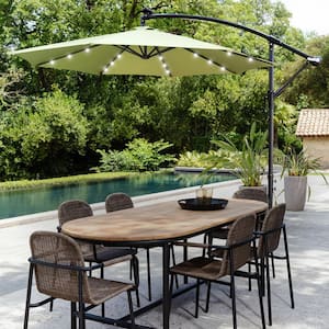 10 ft. Hanging Offset Cantilever Patio Market 8 Ribs Umbrella with Base Stand LED Lighted in Green