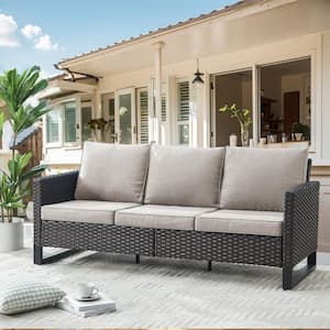 U-Shaped Foot 3-Seat Brown Wicker Outdoor Patio Couch with Beige Cushions