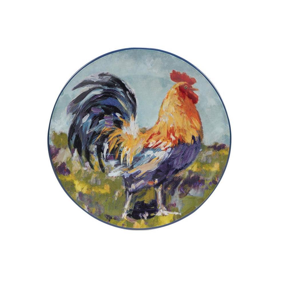 Colorful Ceramic Round Salad Plates with Rooster Design, Set of Four