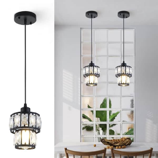 1-Light Crystal Black Modern Drum Mini Pendant Light for Kitchen Island Dining Room Bedroom