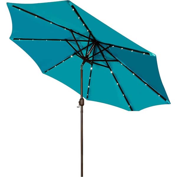 Cubilan 9 ft Solar Umbrella 32 LED Lighted Patio Umbrella Table Market Umbrella with Tilt and Crank Outdoor Umbrella (Cerulean)