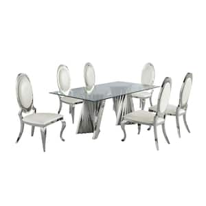Becky 7-Piece Rectangular Clear Glass Top with Silver Stainless Steel Base Table Set with 6-White Faux Leather Chairs