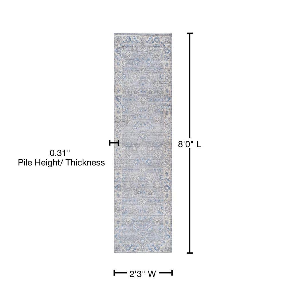 Gray and Blue Floral Synthetic Runner Rug, 2 ft x 8 ft