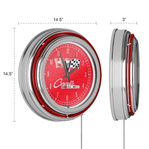 Corvette C2 Red Chrome Double Ring Neon Wall Clock 14 in 
