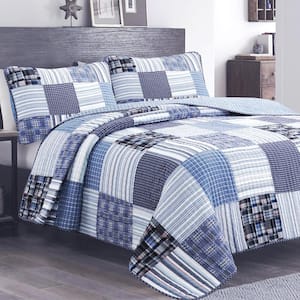 Stripe Plaid Tartan Boxers Briefs 3-Piece Navy Blue Black Square Patchwork Cotton King Quilt Bedding Set