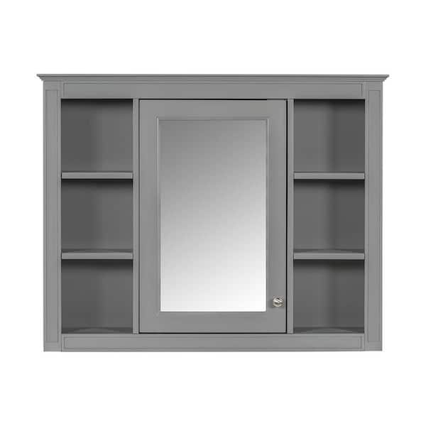 Adrinfly 35 in. W x 7.10 in. D x 27.5 in. H Bathroom Storage Wall Cabinet in Gray with Mirror, Door and 6 Open Shelves