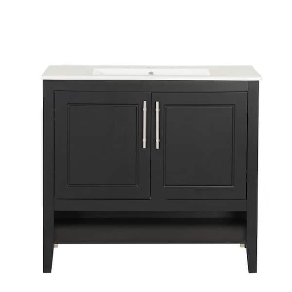36 in. Freestanding Black Bath Vanity with White Ceramic Sink Top Doors and Drawers, MDF Frame