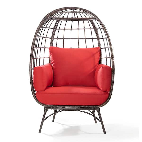 Zeus & Ruta Brown Wicker PE Rattan Chair Steel Frame Outdoor Patio Egg Chair with Red Cushion for Patio, Living Room