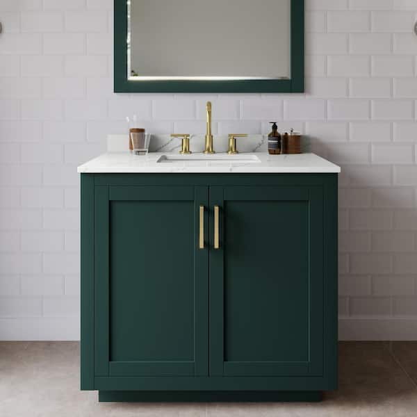 Wyndham Collection Miranda 36 in. W x 22 in. D x 33.75 in. H Single Bath Vanity in Green with Giotto Quartz Top and 34 in. Mirror