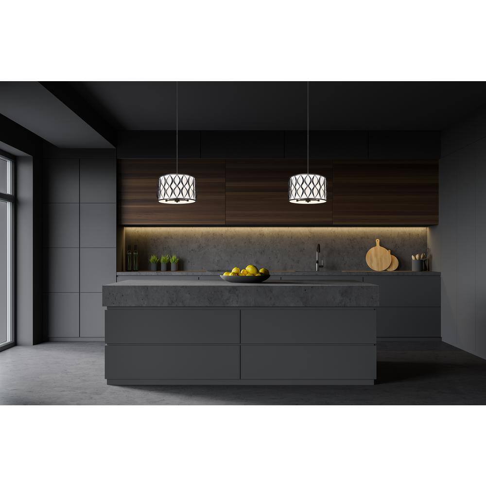 Harden Matte Black Steel Drum Pendant Light with White Fabric Shade