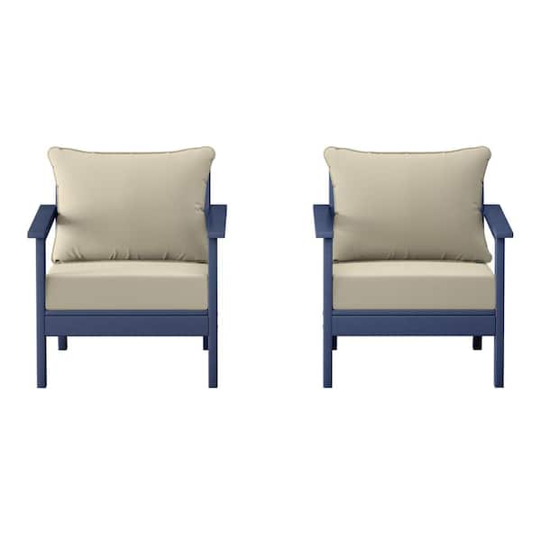 Birchwood Navy Blue Outdoor Patio (Set of 2) Deep Seating HDPE Lounge Chairs w/ Beige Cushions